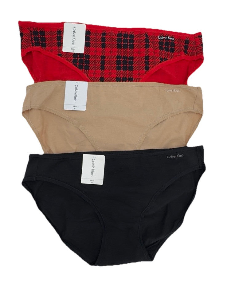 3 Pair Calvin Klein Women’s Bikini Panty QD3644-1 Red/1 Black/1 Blush- Medium