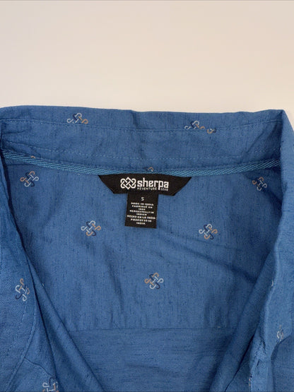 Sherpa Men’s  Tharu Short Sleeve Button Shirt- Lapis Endless Knot Blue- Small