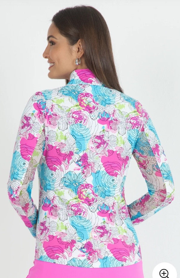 $100 Ibkul Women’s Long Sleeve Zip Mock Neck Top-Paddy-Hot Pink Multi-Large -New