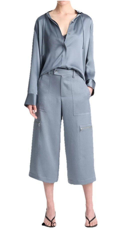 $395 Vince Women’s Low-Rise Satin Parachute Crop Pant - Lake Stone- Size 10