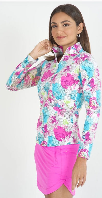 $100 Ibkul Women’s Long Sleeve Zip Mock Neck Top-Paddy-Hot Pink Multi-Large -New