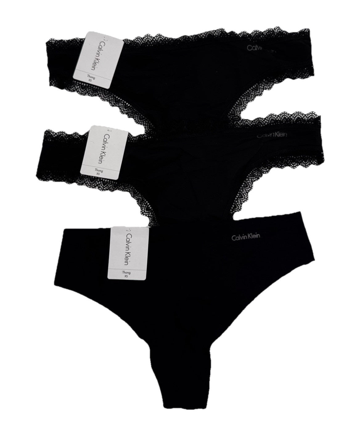3 Pack Calvin Klein  Thong Panty- 2 Flirty/1 Invisible- Black- Small- Retail $45