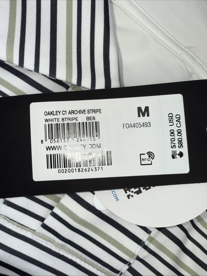 $70 Oakley Men’s C1 Archive Striped Polo Shirt - White Stripes-Size: Medium- New