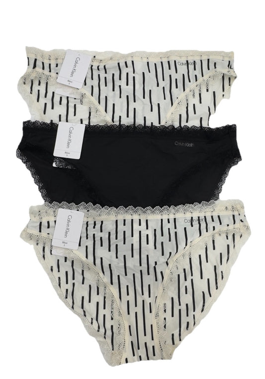 3 Pair Calvin Klein Women’s Bikini Panty QD3840-1 Black/2 Stripe Ivory - Small