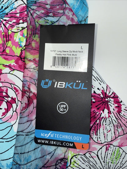 $100 Ibkul Women’s Long Sleeve Zip Mock Neck Top-Paddy-Hot Pink Multi-Large -New
