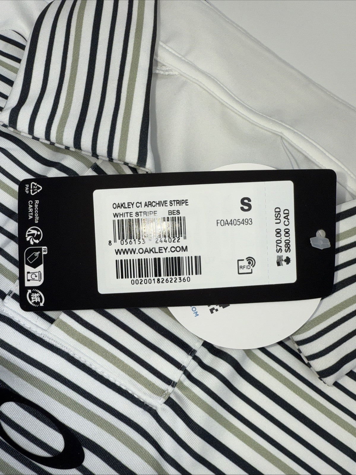 $70 Oakley Men’s C1 Archive Striped Polo Shirt - White Stripes- Size: Small- New