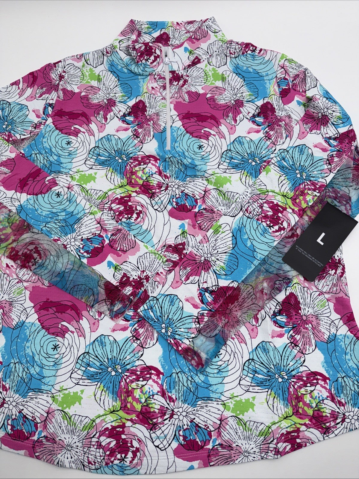 $100 Ibkul Women’s Long Sleeve Zip Mock Neck Top-Paddy-Hot Pink Multi-Large -New