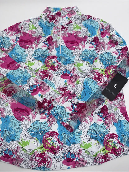$100 Ibkul Women’s Long Sleeve Zip Mock Neck Top-Paddy-Hot Pink Multi-Large -New