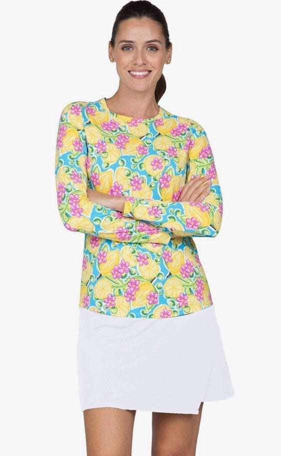 $108 IBKUL Calista Long Sleeve Crew Neck Shirt Top -Turquoise Lemon-Medium-New
