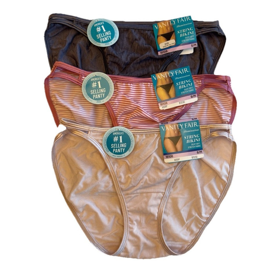 $40 Vanity Fair -3 pair-Women’s Illumination Bikini Panty 18108- Multi- 6/Medium
