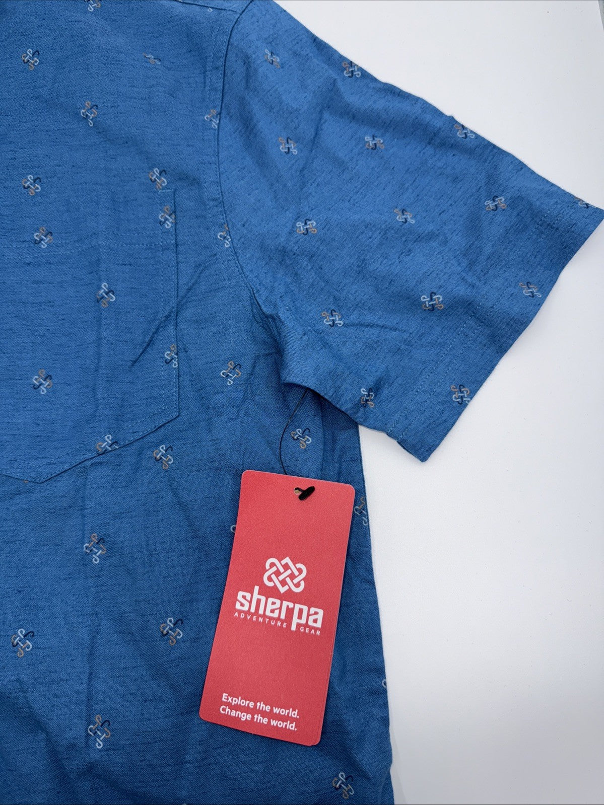 Sherpa Men’s  Tharu Short Sleeve Button Shirt- Lapis Endless Knot Blue- Small