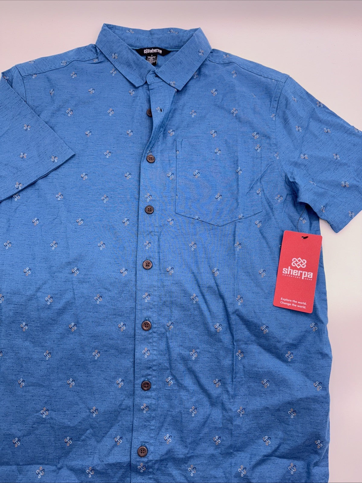 Sherpa Men’s  Tharu Short Sleeve Button Shirt- Lapis Endless Knot Blue- Small