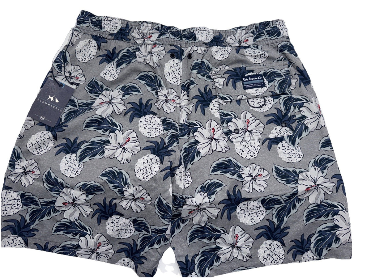 $86 Fish Hippie Men’s Palaver 8” Volley Lined Swim Shorts-Floral Charcoal- Large