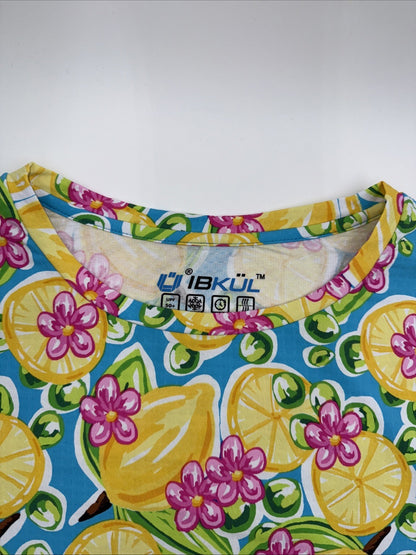 $108 IBKUL Calista Long Sleeve Crew Neck Shirt Top -Turquoise Lemon-Medium-New