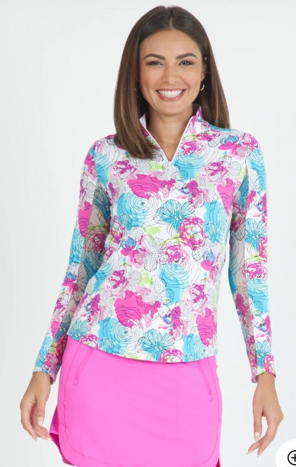 $100 Ibkul Women’s Long Sleeve Zip Mock Neck Top-Paddy-Hot Pink Multi-Large -New