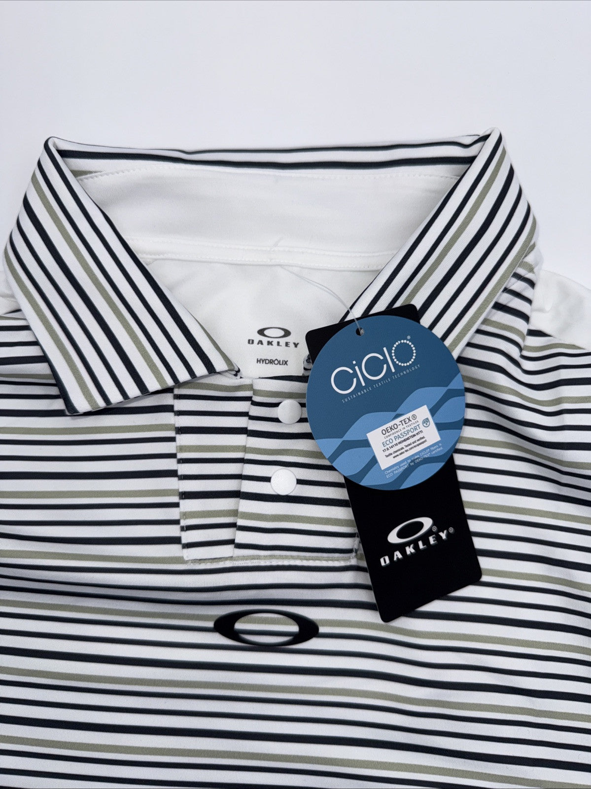 $70 Oakley Men’s C1 Archive Striped Polo Shirt - White Stripes-Size: Medium- New